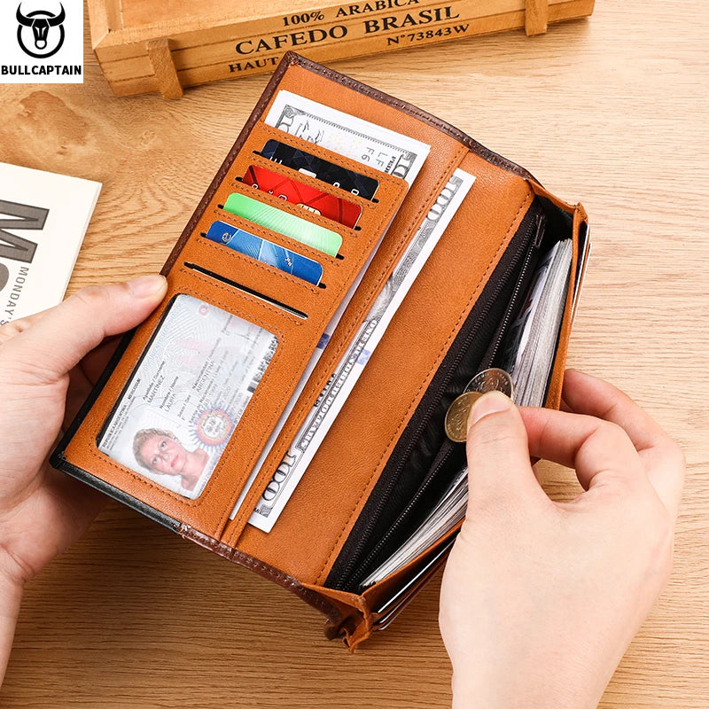 BULLCAPTAIN Genuine Leather Men's Long Handbag RFID Function Credit Card Holder Card Bag Leather Currency Multifunctional Wallet