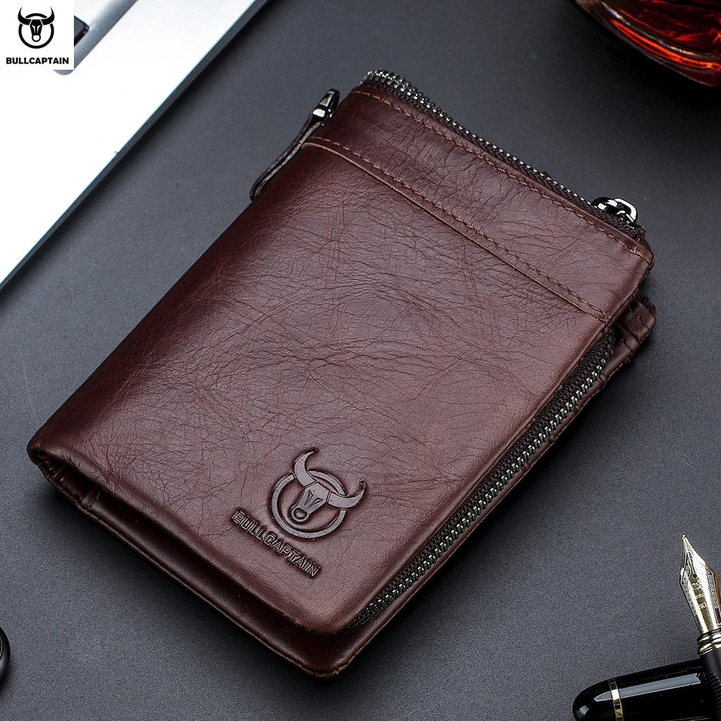 BULLCAPTAIN Genuine Leather Men's Wallet Zip Retro Coin Purse RFID Holder Card Men's