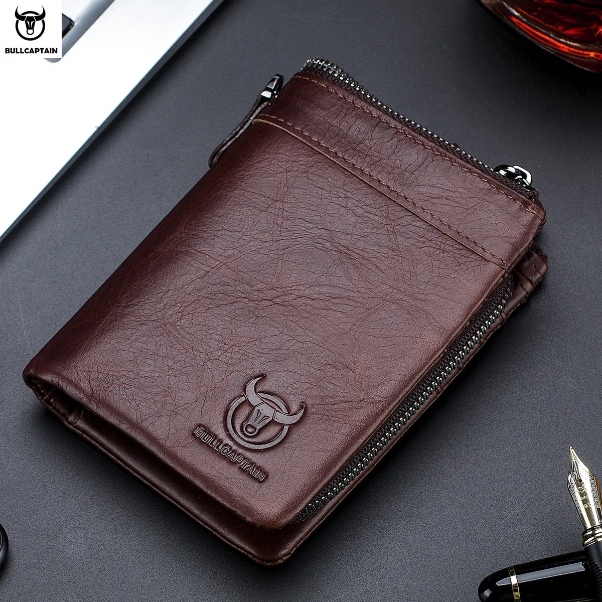 BULLCAPTAIN Genuine Leather Men's Wallet Zip Retro Coin Purse RFID Holder Card Men's