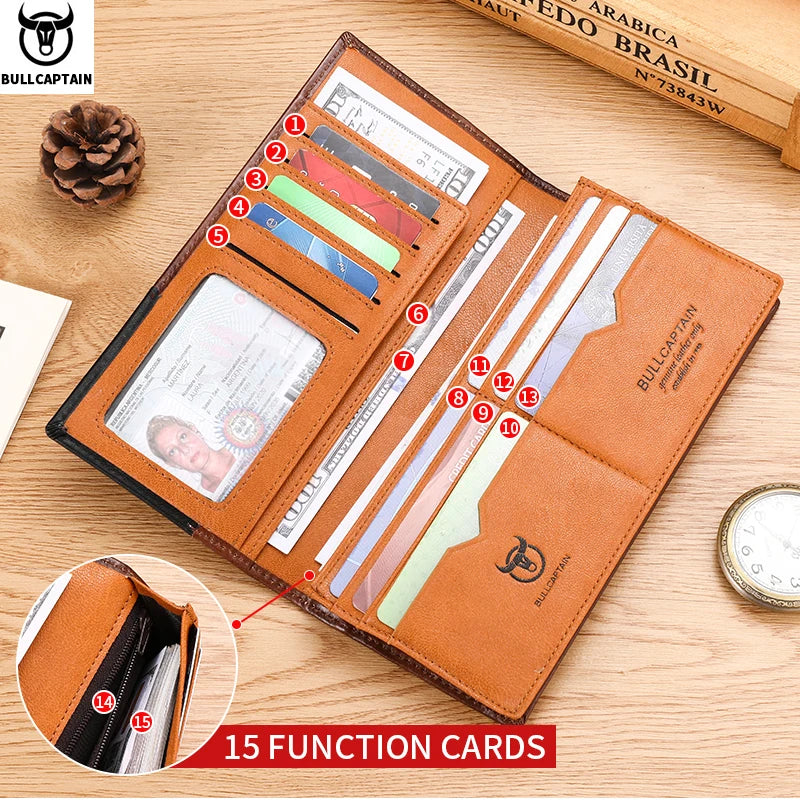 BULLCAPTAIN Genuine Leather Men's Long Handbag RFID Function Credit Card Holder Card Bag Leather Currency Multifunctional Wallet