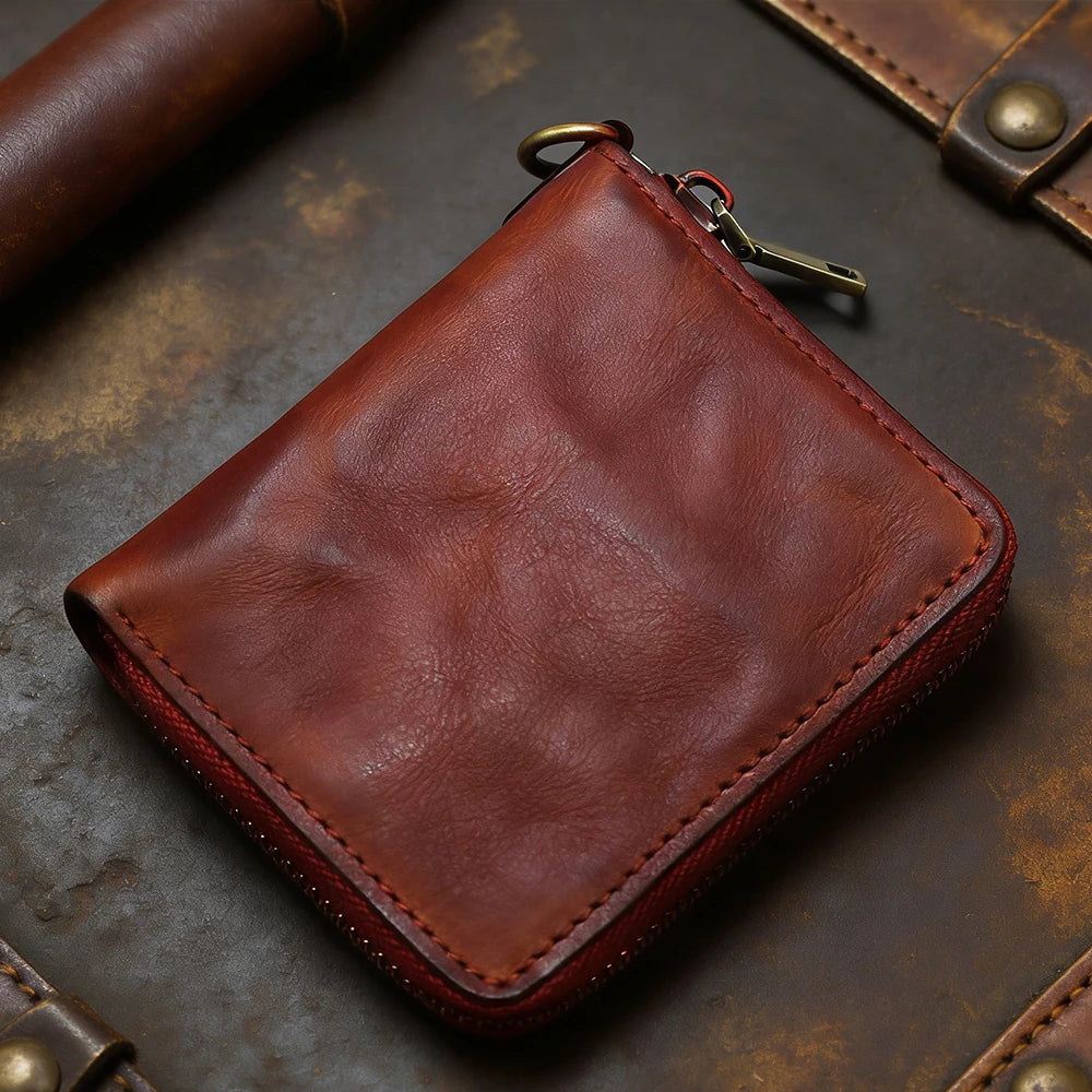 Genuine Leather Vintage Men Wallet Top Quality Slim Simple Zipper Coin Pocket Classic Male Retro Purses Money Clips